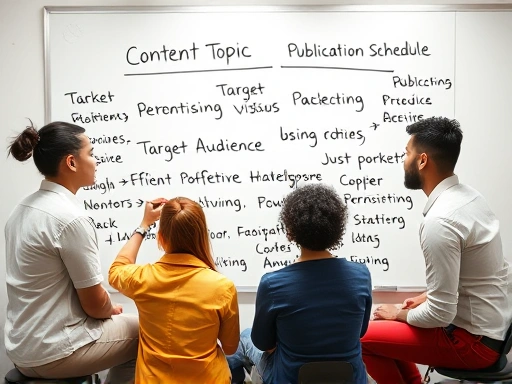 여러 사람이 함께 앉아 화이트보드에 아이디어를 적고 토론하는 모습