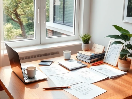 넓은 책상 위에 펼쳐진 다양한 블로그 기획 문서와 노트북, 연필, 커피잔 등이 놓여 있는 모습