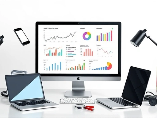 다양한 그래프와 차트가 어우러진 컴퓨터 모니터 화면이 중앙에 놓여 있고, 그 주위로 스마트폰, 돋보기, 노트북 등이 배치되어 블로그 검색 순위 모니터링의 복합적인 과정을 시각적으로 표현합니다.