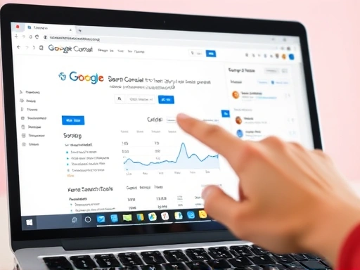 노트북 화면에 구글 서치 콘솔과 네이버 웹마스터 도구의 인터페이스가 클로즈업되어 보이고, 사용자가 마우스로 특정 데이터를 가리키는 손가락이 강조됩니다.