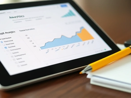 광고 효율 분석을 위해 태블릿 화면에 구글 애널리틱스 대시보드가 열려있고, 옆에는 노란색 펜과 메모지가 놓여있는 클로즈업 샷.