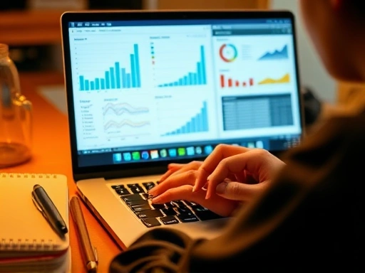 작업 공간에서 노트북을 응시하는 사람의 손이 키보드 위에 놓여 있고, 화면에는 그래프와 차트가 가득한 데이터 분석 툴의 인터페이스가 클로즈업되어 보인다.
