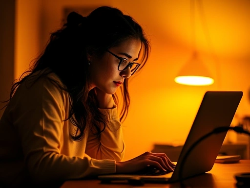 따뜻한 조명 아래, 노트북 앞에서 고민에 잠긴 블로거의 모습