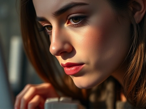 한 손은 키보드에, 다른 한 손은 턱을 괸 채 깊은 생각에 잠긴 블로거의 클로즈업된 얼굴.