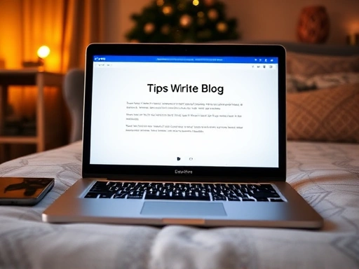 블로그 글쓰기 시간 단축 팁을 보여주는 노트북 화면, 밝은 조명과 편안한 분위기