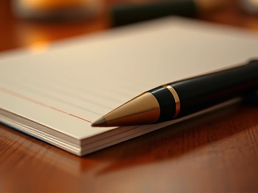 글쓰기 도구(펜, 메모장) 클로즈업, 따뜻한 색감과 부드러운 조명으로 창의적인 분위기
