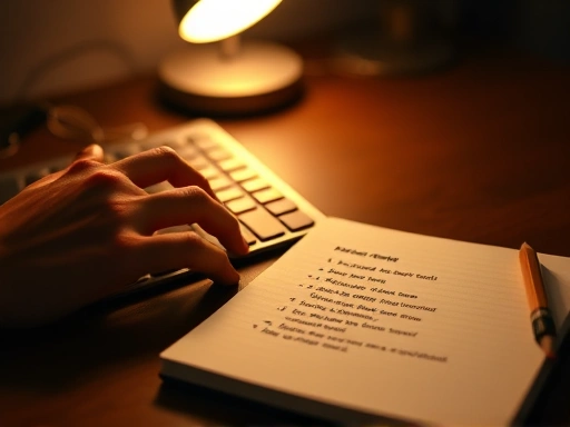 따뜻한 색감의 조명 아래, 한 손이 키보드를 두드리고 다른 한 손은 옆에 놓인 연필과 노트에 아이디어를 적는 클로즈업.