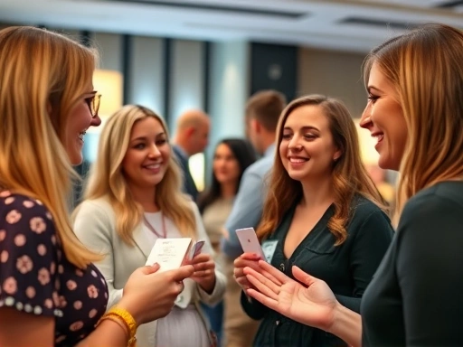 성공적인 블로그 네트워킹 모임, 블로거들이 서로 명함을 교환하고 웃으며 대화하는 클로즈업 샷.