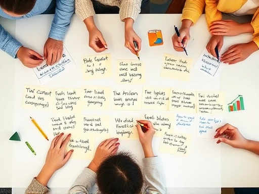 다채로운 사람들이 다양한 피드백을 손글씨로 적고 있는 모습