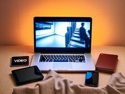 깔끔한 블로그 디자인 위에 노트북이 놓여 있고, 노트북 화면에는 재생 중인 동영상이 밝게 빛나고 있다.