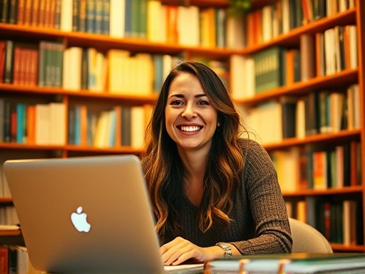 한 여성이 노트북 앞에서 밝게 웃고 있으며, 뒤로는 책이 가득한 서재가 보인다.