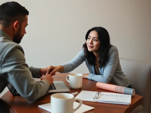 한 남성이 노트북 화면을 가리키며 다른 여성에게 설명하고 있으며, 테이블 위에는 커피잔과 서류가 놓여 있다.