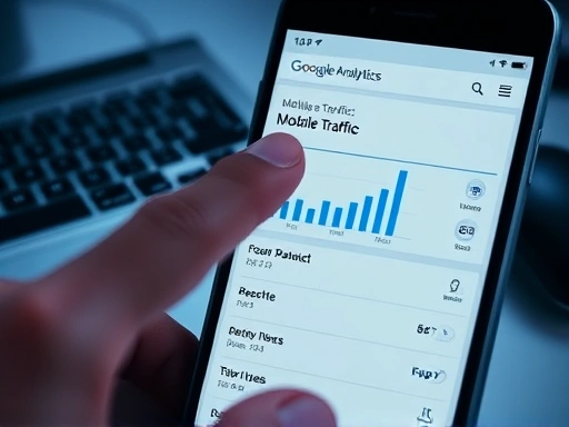 스마트폰 화면에 구글 애널리틱스 대시보드가 열려있고, 손가락이 특정 모바일 트래픽 지표를 가리키고 있는 클로즈업 샷.