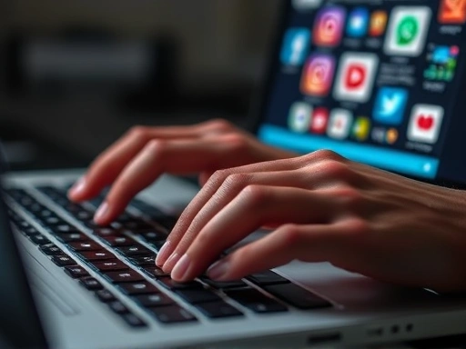 콘텐츠 작성과 소셜 미디어 배포를 상징하는 클로즈업 이미지