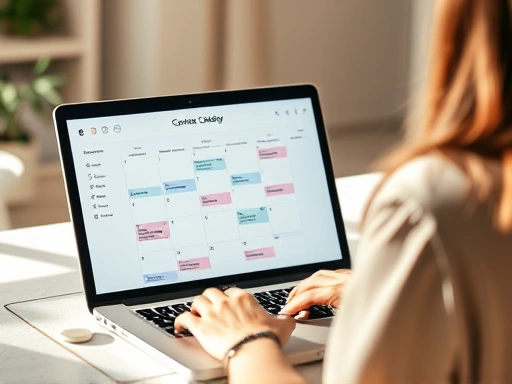 한 여성이 노트북에서 콘텐츠 캘린더를 사용하여 블로그 게시물을 계획하고 있으며, 부드러운 자연광과 따뜻한 색조를 사용하여 편안하고 생산적인 분위기