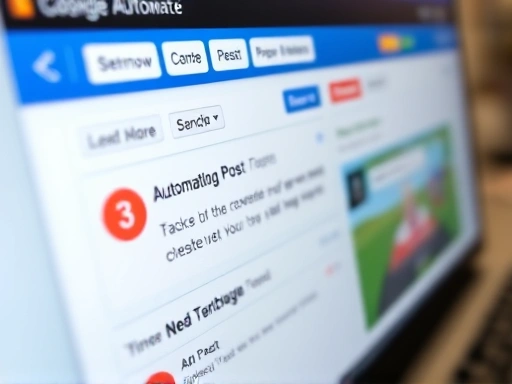 자동화 도구 인터페이스의 클로즈업은 예약된 소셜 미디어 게시물을 보여주며, 블로그 배치 작업의 효율성을 강조하기 위해 선명한 색상과 현대적인 디자인을 사용합니다.