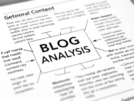 블로그 분석 프로세스의 세부적인 클로즈업은 콘텐츠, SEO 전략, 디자인 요소 및 수익 창출 방법을 강조합니다.