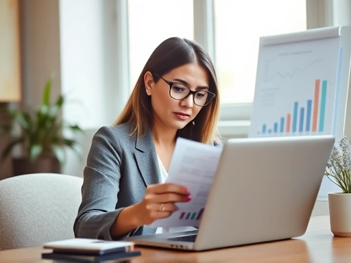 한 여성이 노트북 앞에서 분석적인 표정으로 그래프를 검토하며 블로그 사업화 전략을 논의하는 모습