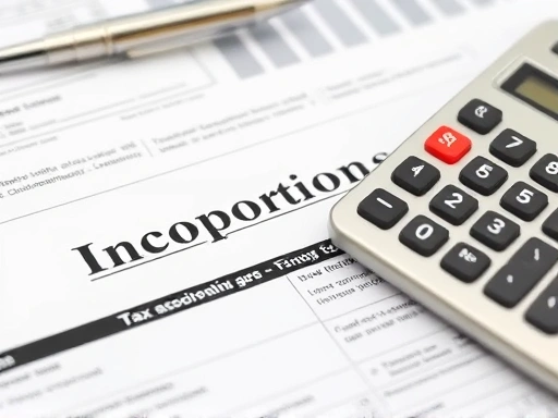 세무 관련 서류와 계산기를 클로즈업하여 보여주며, 간결하고 정돈된 스타일로 법인 설립의 재정적 측면을 강조하고 신뢰감을 주는 이미지