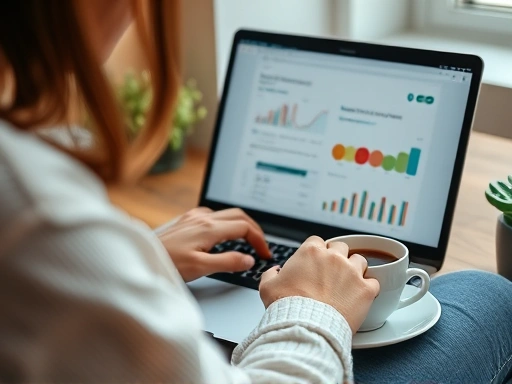 블로거가 노트북 앞에서 독자의 피드백을 분석하며 다음 상품 기획을 구상하는 클로즈업 샷.