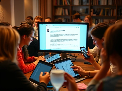 다양한 연령대의 사람들이 노트북과 스마트폰을 사용하여 블로그를 읽고 댓글을 남기는 활기찬 장면