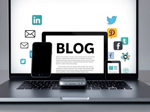 블로그 포스트가 열린 노트북 화면을 중심으로, 주변에 스마트폰, 태블릿, 그리고 이메일 뉴스레터 아이콘, 소셜 미디어 로고가 흩어져 있는 클로즈업 샷.