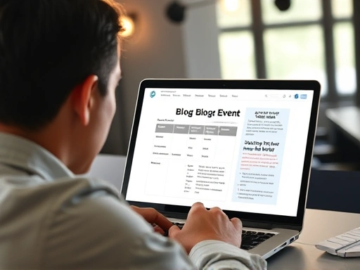 노트북 화면에서 블로그 이벤트 기획서와 수익 모델을 검토하는 사람의 모습
