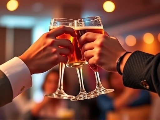 성공적인 블로그 이벤트를 상징하는 손을 맞잡고 축배를 드는 모습