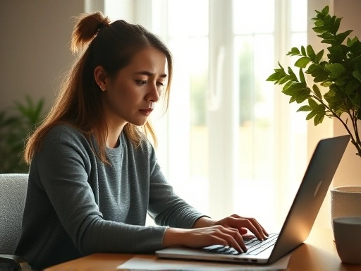 한 여성이 책상에 앉아 노트북을 보며 생각에 잠겨 있습니다.