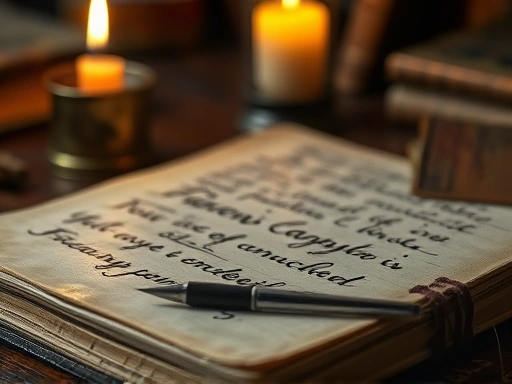 책상 위에 놓인 낡은 일기장이 클로즈업되어 있습니다.