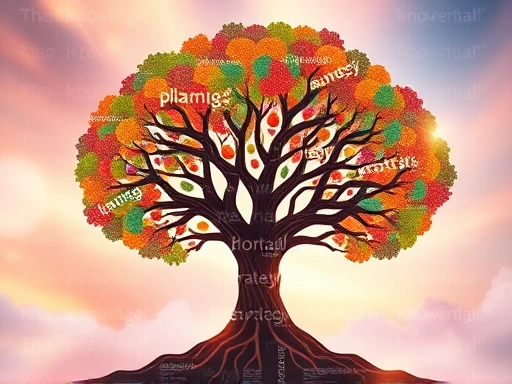 다채로운 블로그 포스트들이 유기적으로 연결된 거대한 나무를 형성하는 시각적 메타포.