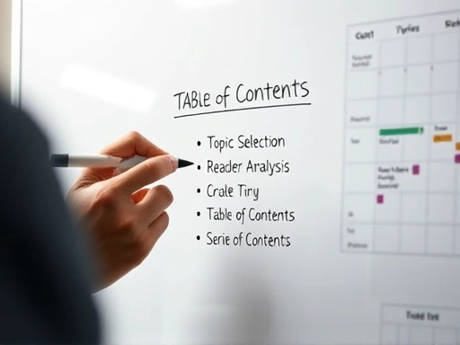 콘텐츠 기획자가 화이트보드에 '블로그 시리즈 5단계' 목차를 꼼꼼하게 적고 있는 클로즈업 샷.