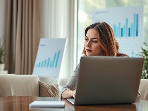 한 여성이 노트북 앞에서 생각에 잠긴 채 데이터 분석 그래프를 보고 있으며, 부드러운 자연광과 따뜻한 색감으로 그녀의 고민과 성장에 대한 의지를 드러내는 장면