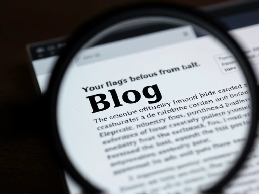 돋보기로 블로그 콘텐츠를 자세히 살펴보는 클로즈업 샷으로, 날카로운 초점과 강조된 텍스트를 통해 콘텐츠의 중요성과 분석의 필요성을 강조하는 장면