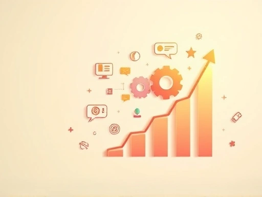 다양한 블로그 운영 도구 아이콘들이 흩뿌려진 파스텔 톤의 배경 위로, 효율성을 상징하는 톱니바퀴와 성장하는 그래프가 은은하게 빛나는 장면