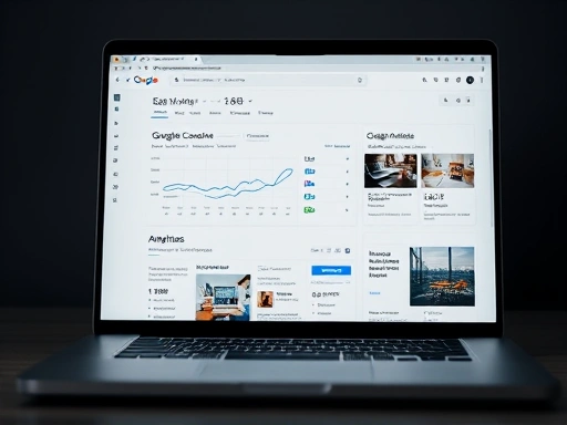 노트북 화면에 구글 서치 콘솔과 구글 애널리틱스 데이터가 깔끔하게 정리되어 있고, 옆에는 캔바와 미리캔버스로 디자인된 블로그 썸네일 시안이 놓여 있는 클로즈업 샷.