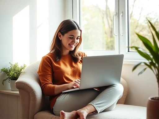 한 여성이 편안한 자세로 노트북을 사용하여 블로그 학습 전략을 연구하고 있으며, 자연광이 비치는 창가 옆에서 따뜻하고 편안한 분위기