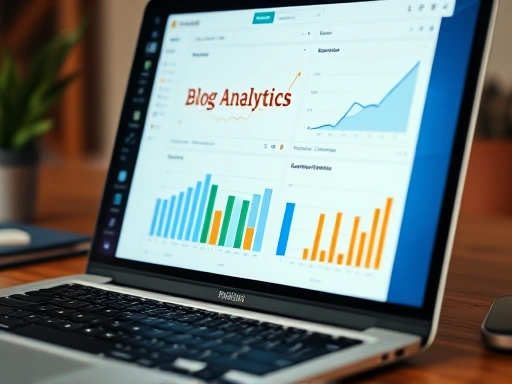 노트북 화면의 클로즈업은 그래프와 차트를 포함한 블로그 분석 데이터를 보여주며, 효과적인 학습 접근 방식을 나타내는 세부 사항에 초점을 맞춘 촬영 스타일로 성과 지표의 감정적 맥락을 강조합니다.