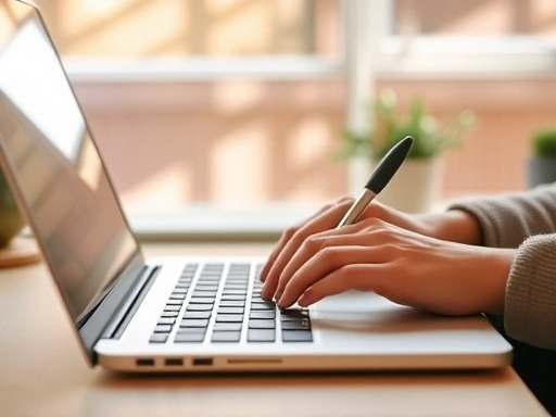 깔끔한 작업 공간에서 노트북을 열고 진지하게 글을 쓰는 사람의 모습