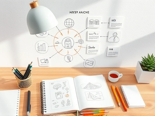 단계별 가이드를 상징하는 인포그래픽 요소와 함께, 아이디어를 시각화한 스케치북과 펜이 놓여 있는 책상 위 풍경.