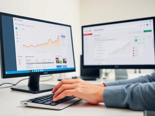 여러 개의 모니터가 펼쳐진 전문가의 책상 풍경.