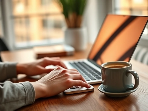 깔끔한 작업 공간에서 키보드와 노트북을 사용하는 블로거의 손 클로즈업.
