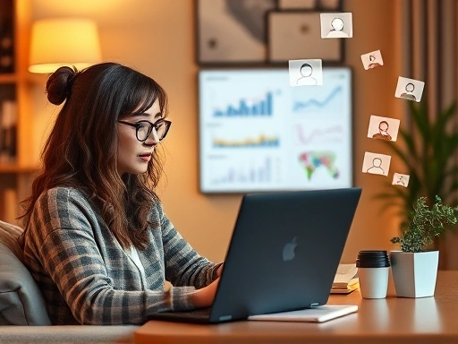 블로그 운영자가 노트북 앞에서 데이터를 분석하며 독자 피드백을 수집하는 모습