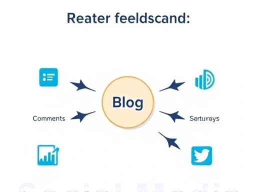 다양한 독자 피드백 채널(댓글, 설문, 웹 분석 도구, 소셜 미디어)이 아이콘으로 표현된 도식화된 이미지