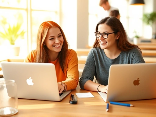 두 명의 블로거가 노트북 앞에 앉아 밝게 웃으며 아이디어를 공유하는 모습