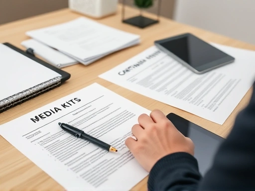 미디어 키트와 계약서류가 깔끔하게 정리된 책상.