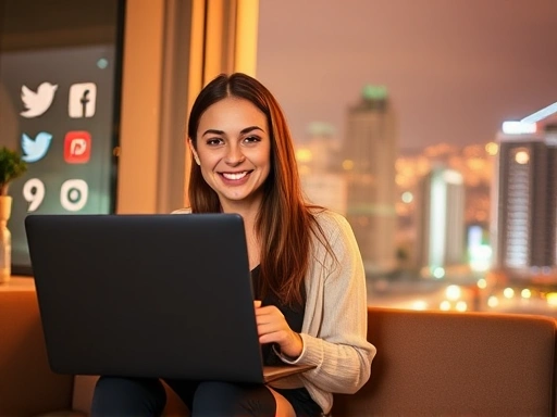 따뜻하고 부드러운 조명 아래, 노트북 앞에서 커피 한 잔과 함께 편안하게 미소 짓는 블로거의 모습