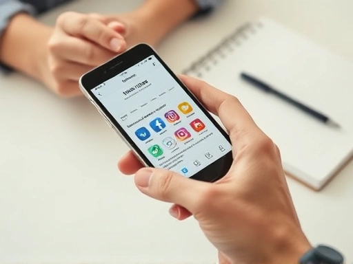 초점은 한 손에 든 스마트폰 화면에 맞춰져 있고, 화면에는 블로그 게시물이 다양한 SNS 로고와 함께 공유되는 모습