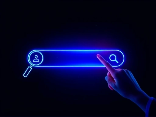 어두운 배경에 빛나는 검색창 아이콘이 중앙에 배치되어 있고, 그 주변으로 돋보기, 사람의 손가락이 검색창을 가리키는 모습