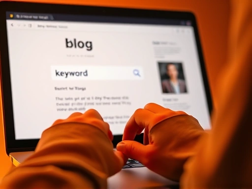 블로그 화면이 열려 있는 노트북 앞에서 한 사람이 검색창에 키워드를 입력하는 모습